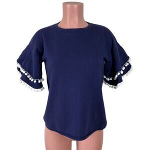 two bees cashmere Navy Blue Short Sleeve Sweater pom pom ruffle Small preppy